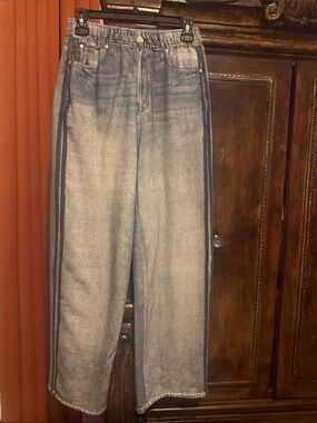 French Terry Wide Leg Denim Look Pants in Washed Blue
